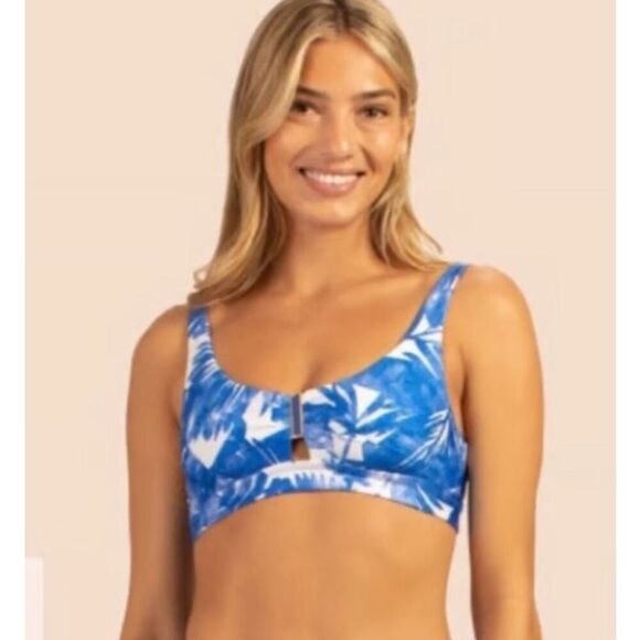 Trina Turk Basque Banded Bikini Top Blue Floral Size 14 Nwot - Picture 2 of 7